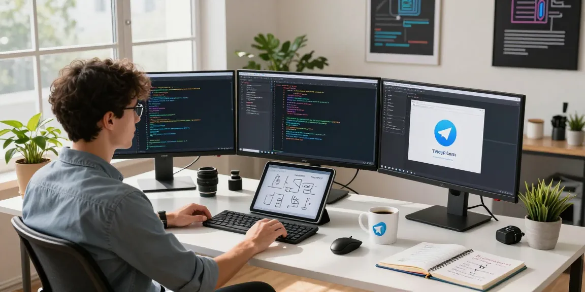 Developer at a workspace coding on telegraimin.com with multiple screens and tech gadgets