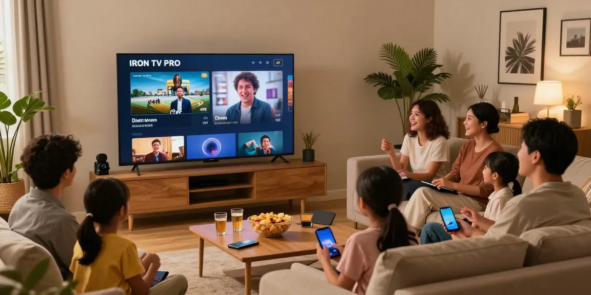 Family enjoying IRON TV PRO streaming on smart TV in a cozy living room.