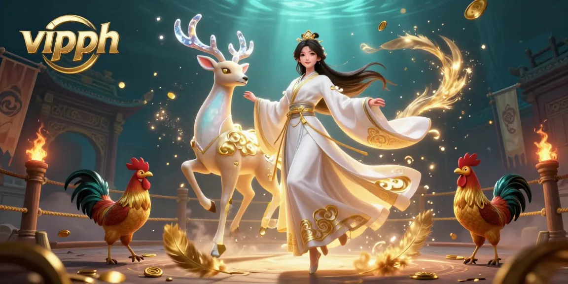 Engage in thrilling cockfighting action at vipph with vibrant celestial imagery and golden betting tokens.