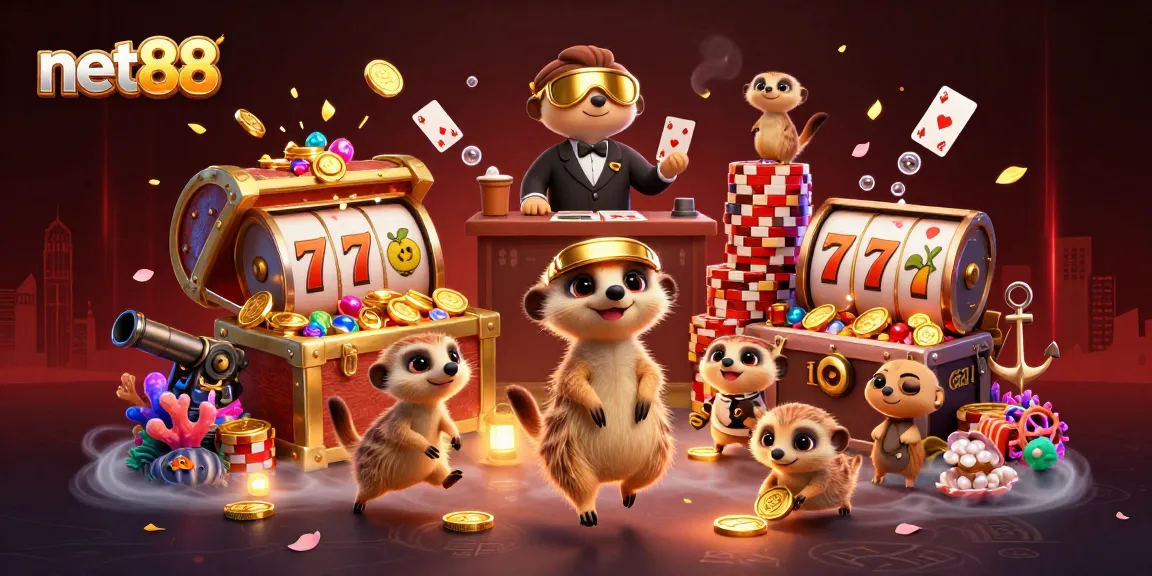 net88 showcases spirited meerkats in a vibrant casino setting, featuring cards, coins, and gleaming treasures.