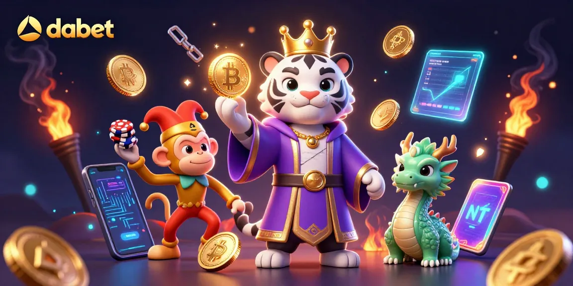 Engage with dabet's lively casino scene featuring a royal tiger, a jester monkey, and crypto coins.