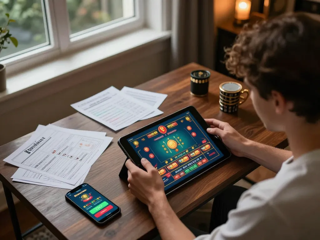 Engaging online gaming session on betbet platform, showcasing tablet gameplay and strategy notes.