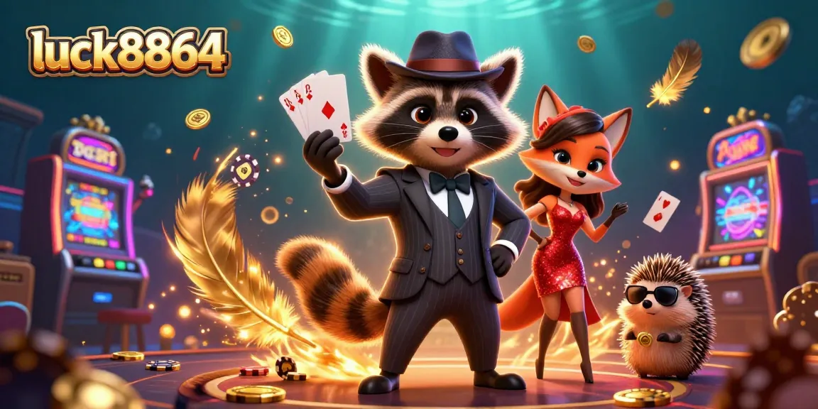 Engage with luck8864's thrilling poker scene featuring a suave raccoon and charming fox.