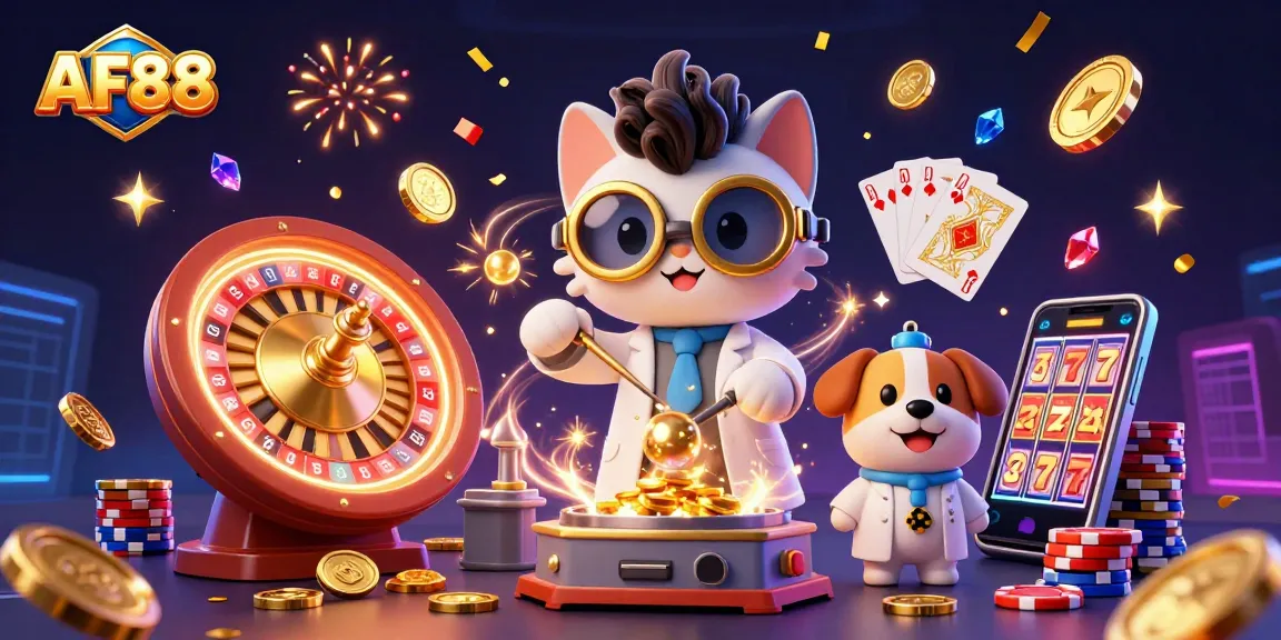 AF88 offers thrilling gaming adventures featuring lively characters immersed in gold coins and dazzling lights.