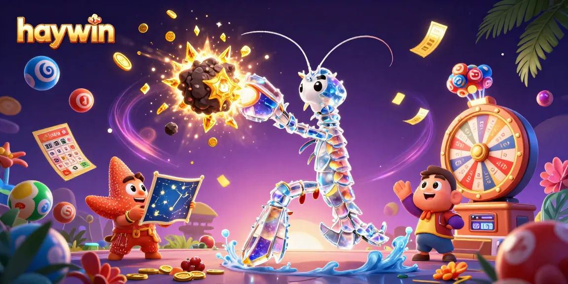 Haywin showcases a 3D samurai mantis shrimp smashing an asteroid, symbolizing jackpot excitement.