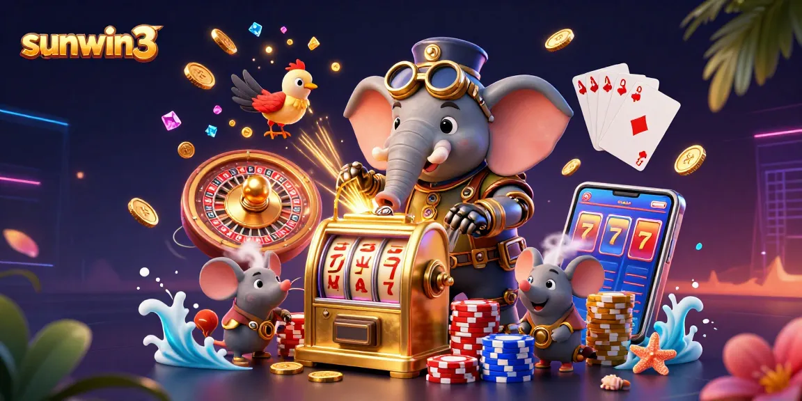 Experience the excitement of sunwin3 with a dynamic casino scene showcasing a steampunk elephant and vibrant game elements.