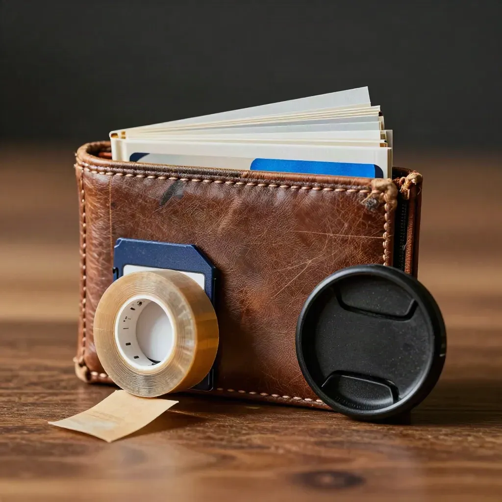Macro still life of a memory-card wallet, tape strip, lens cap, and archival sleeves.