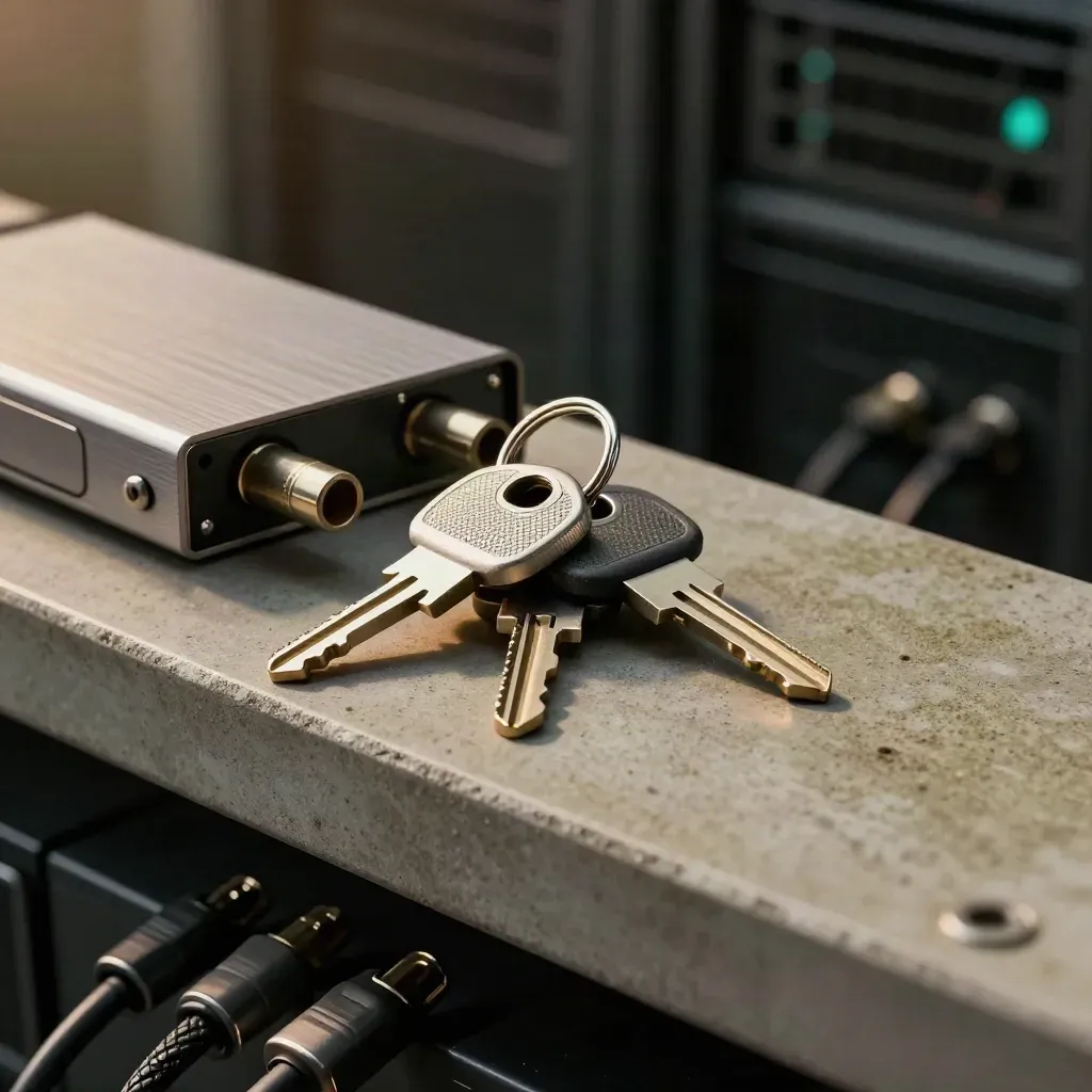 Encrypted hardware keys, drive dock, and braided cable ends on a concrete shelf with dark bokeh.