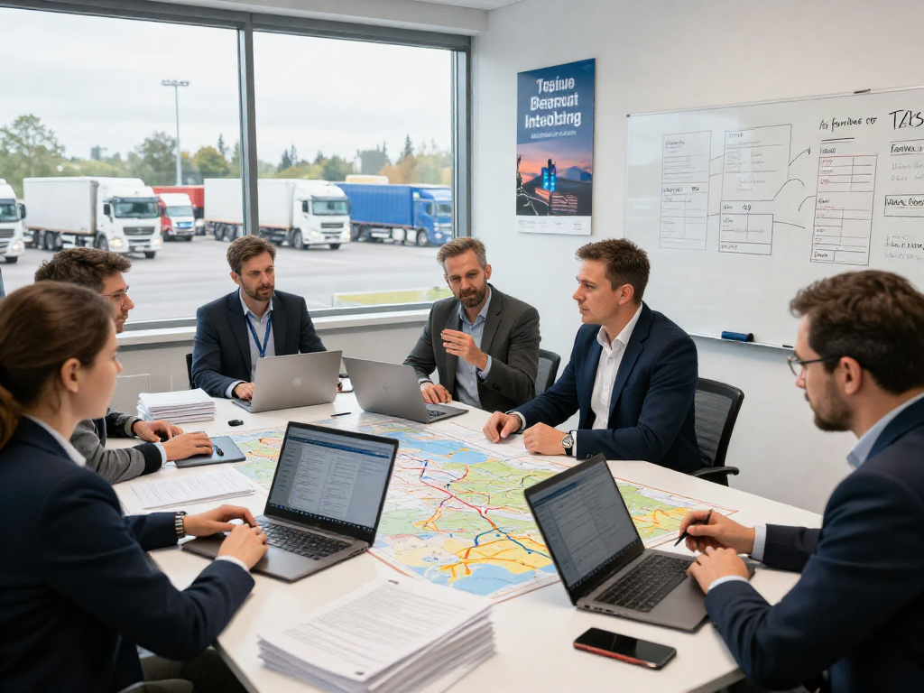 FTL Transport in Dortmund: Fachleute planen Logistikstrategien in modernem Büro.