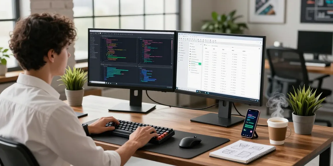 Innovative workspace for LLG link indx services with developer coding on dual monitors in modern office, showcasing technology integration.