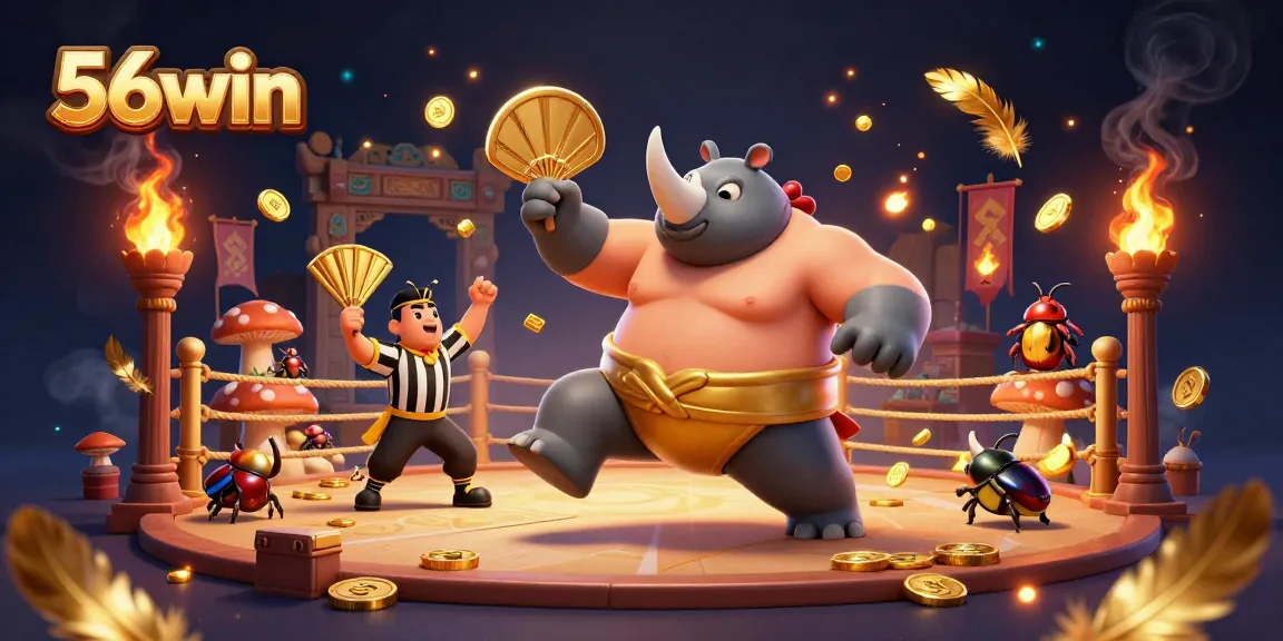 56win showcases an epic scene of a rhinoceros beetle sumo champion amidst a dynamic gambling arena celebrating exciting wins.