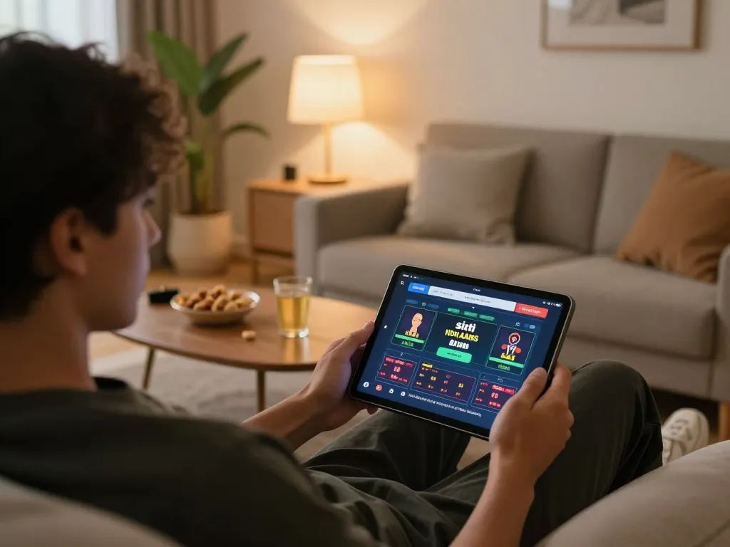 Persona che esamina siti non AAMS su tablet mentre si rilassa con snack in un'accogliente ambientazione domestica