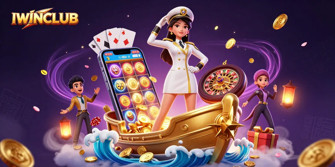 Experience thrilling games at IWINCLUB with a vibrant 3D casino illustration, featuring stunning gaming elements.