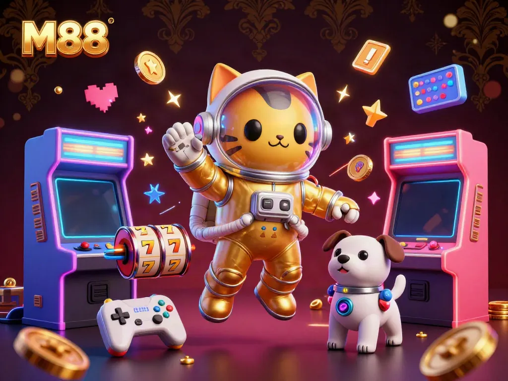 Engage in thrilling gameplay with M88 showcasing an astronaut cat and robot dog in an arcade-filled galaxy.