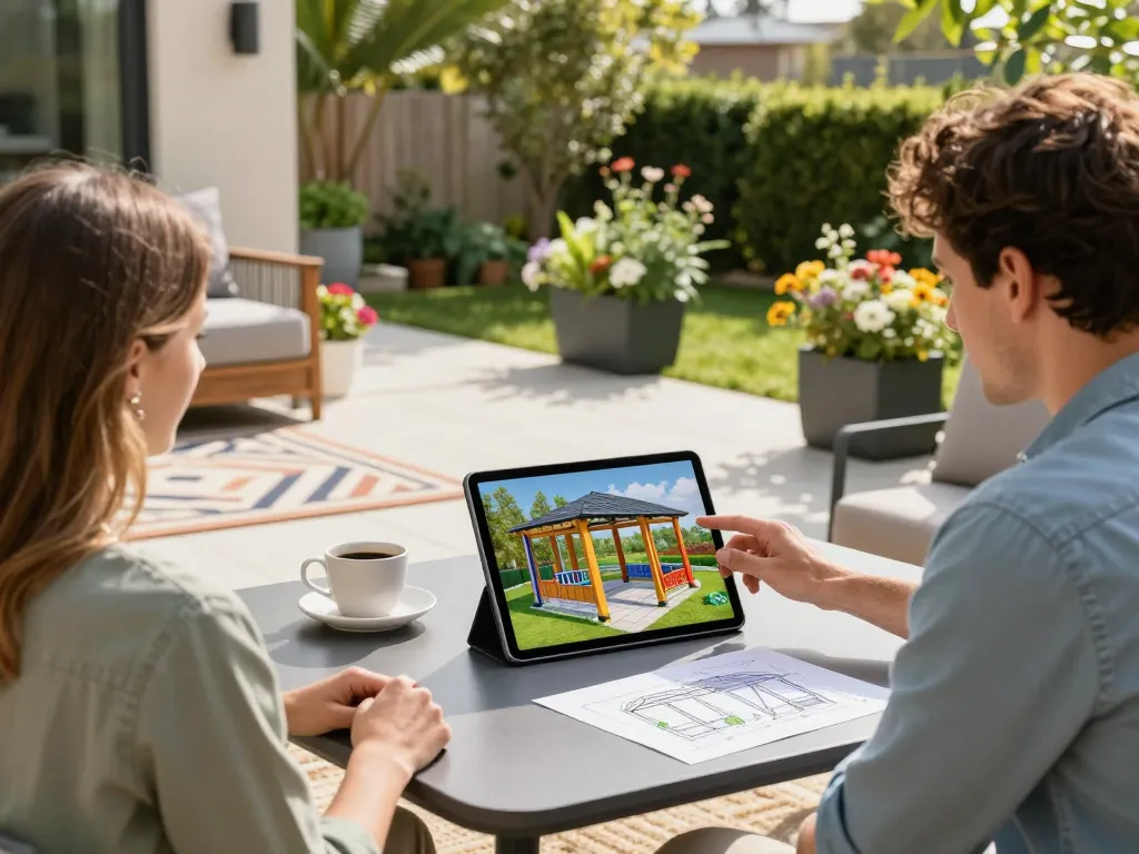Customer engagement with 3D Pergola Configurator in an outdoor setting featuring vibrant designs and a sunny atmosphere.