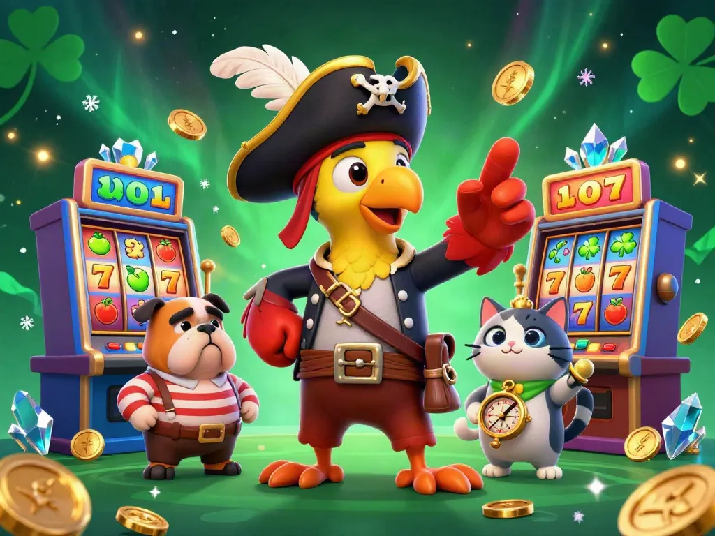 Gambar slot gacor dengan karakter kartun bajak laut dan kucing bernavigasi di kasino penuh warna.