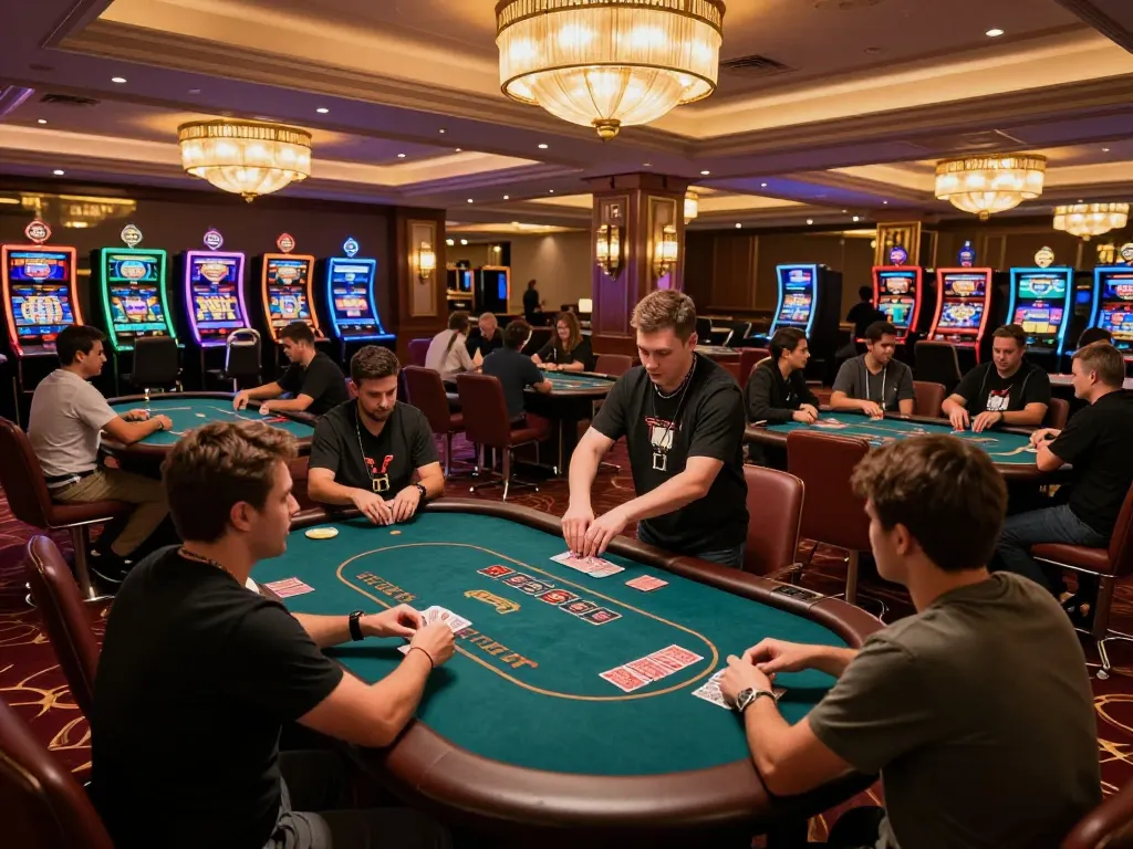 Players engaging in a thrilling poker game at O8 casino with ambient lighting.