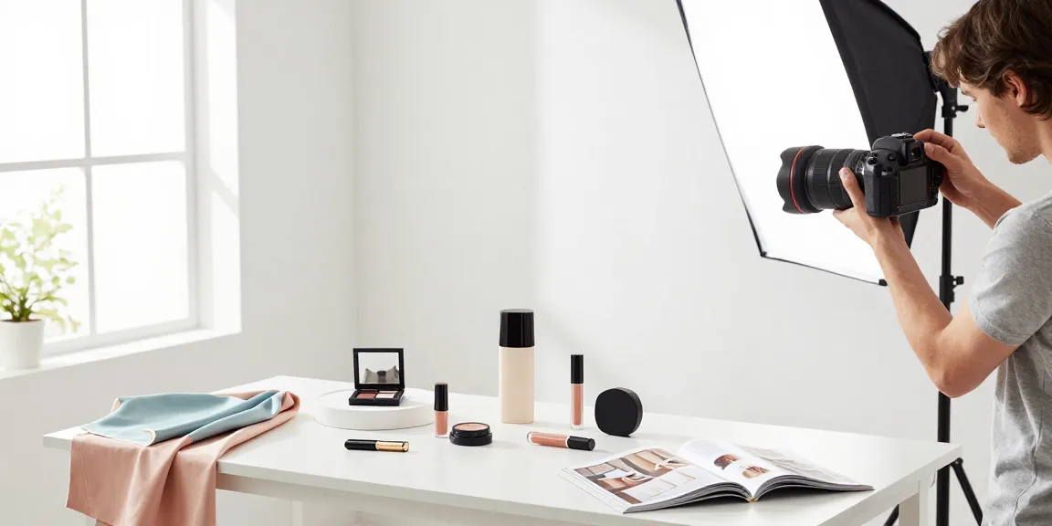 Fotografia de Produits dans un studio de photographie professionnel avec des accessoires de mode et des cosmétiques bien éclairés.