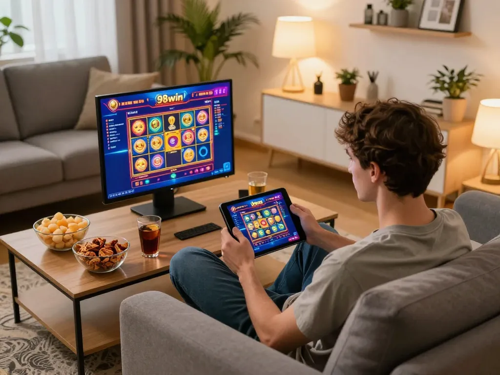 Engaged player experiencing 98win online casino on a tablet in their cozy living room