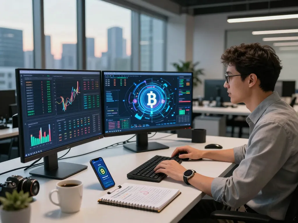 Analyzing cryptocurrency trends at IODeFi official website in a modern office setting, showcasing innovative tech.