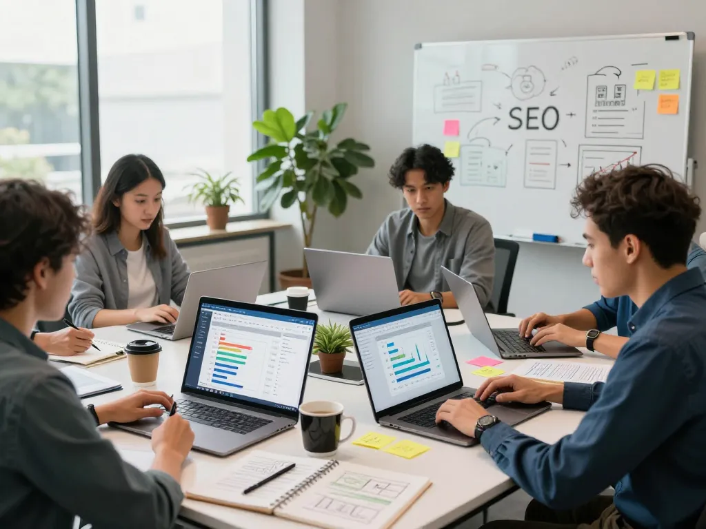 Collaboration of SEO specialists using group buy seo tools in a modern workspace for effective strategy planning.