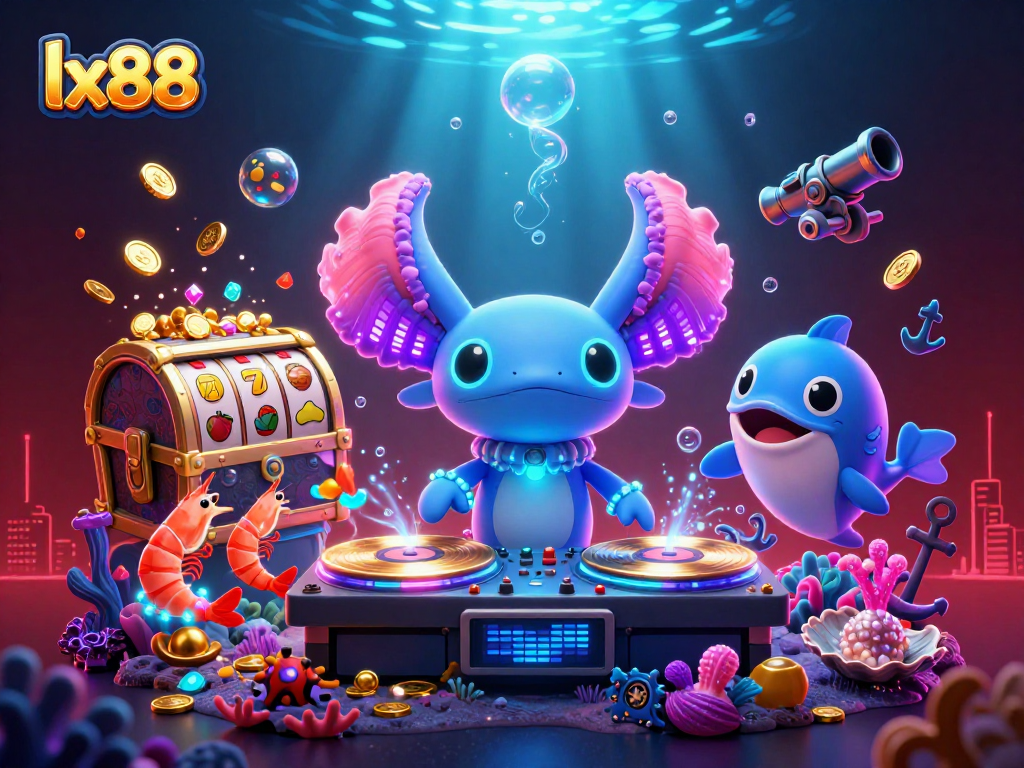 lx88 spins vibrant slot reels amidst an energetic underwater party scene with lively sea creatures.