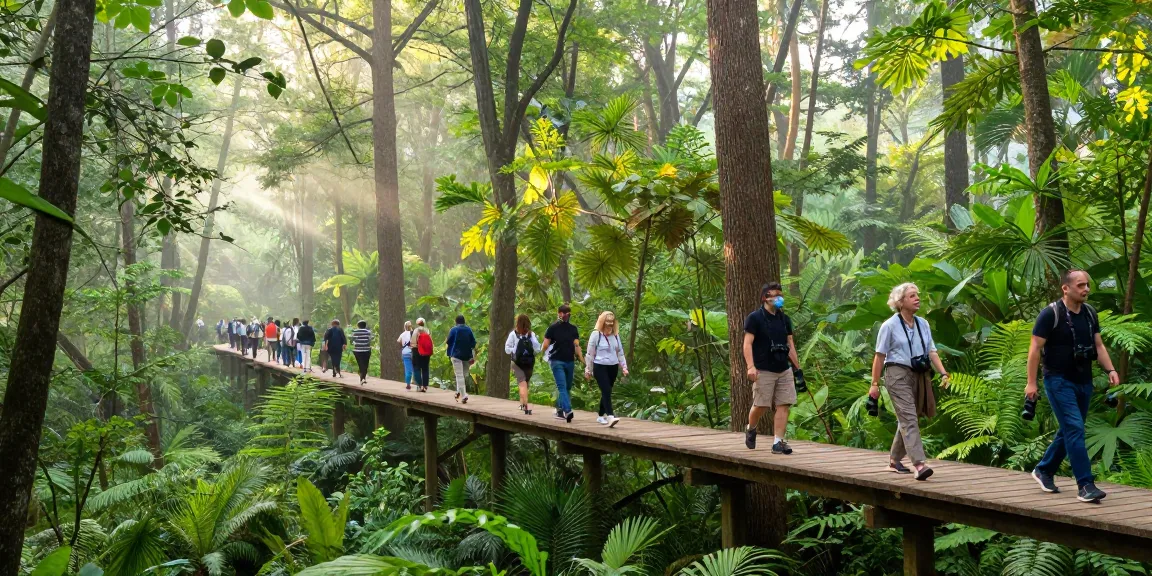 Treetop Walkway experience with visitors surrounded by vibrant foliage and sunlight filtering through the trees.