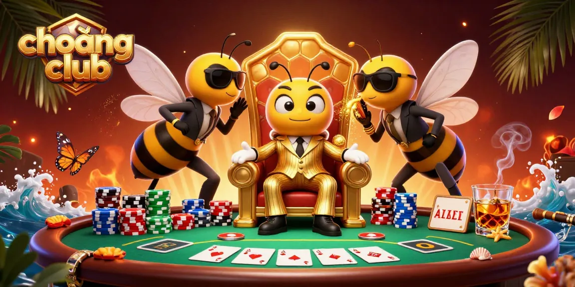 Engaging scene from choáng club featuring 3D cartoon characters around a vibrant poker table.