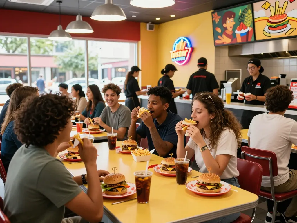 Enjoying diverse fast food menu options in a lively restaurant atmosphere.