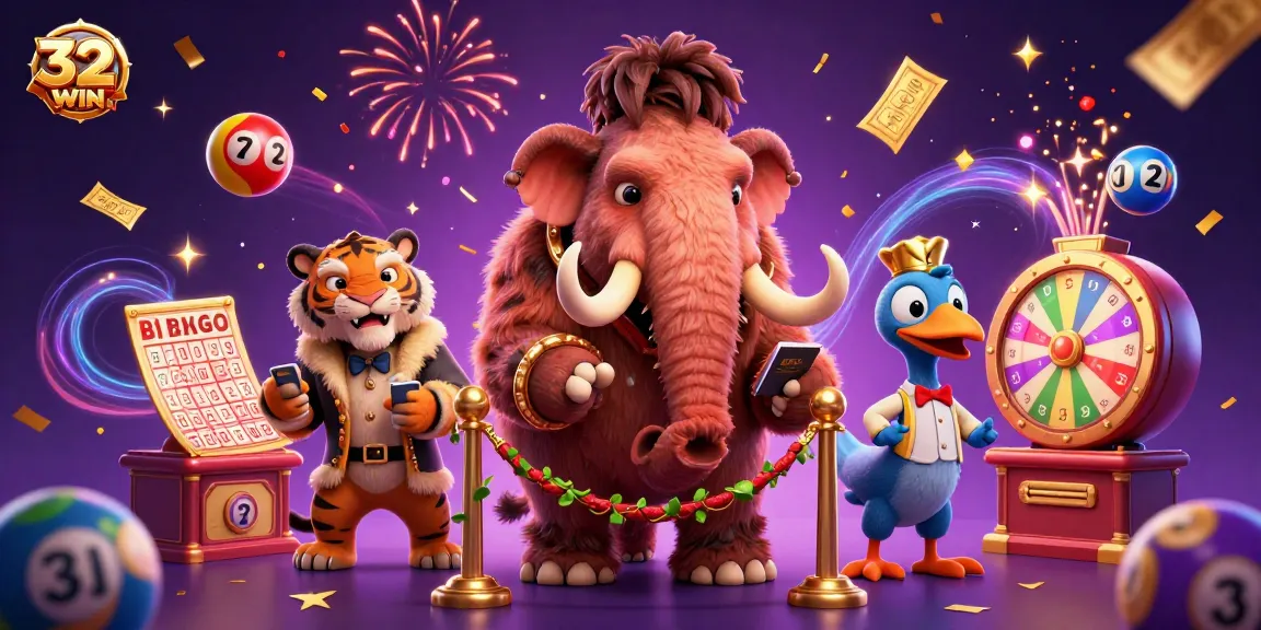 Join 32WIN's vibrant casino world featuring a woolly mammoth bouncer and exciting games.