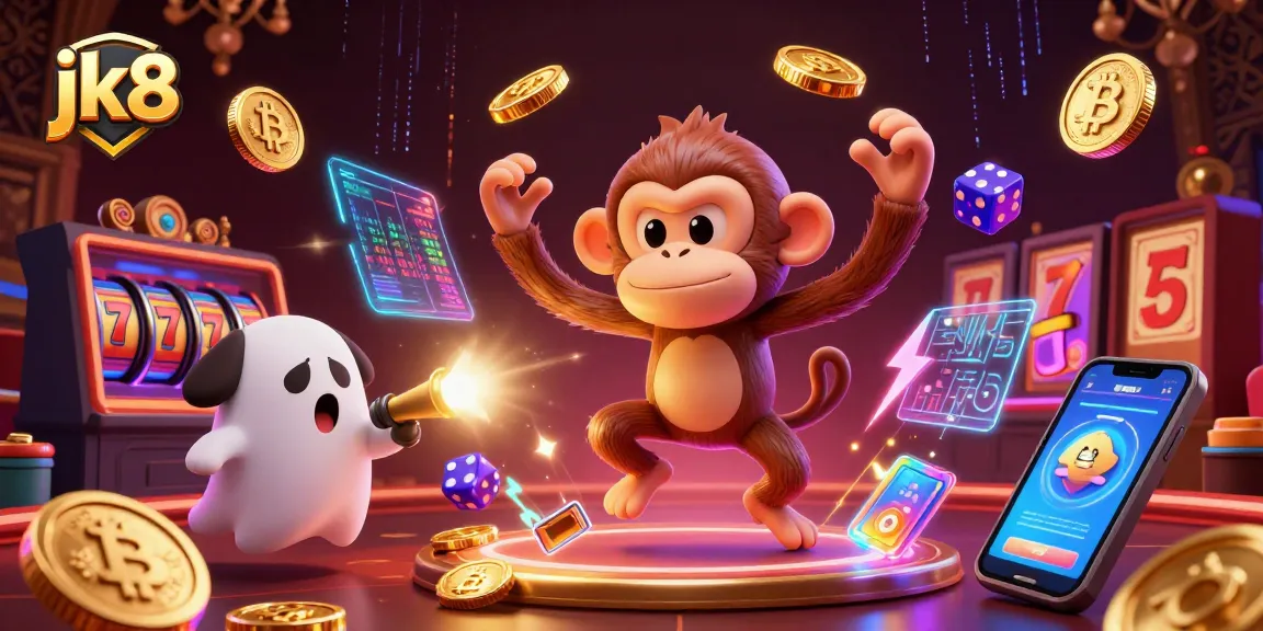 Exciting jk8 casino scene with a playful poltergeist monkey and ghost-hunter puppy amidst golden chips and neon elements.