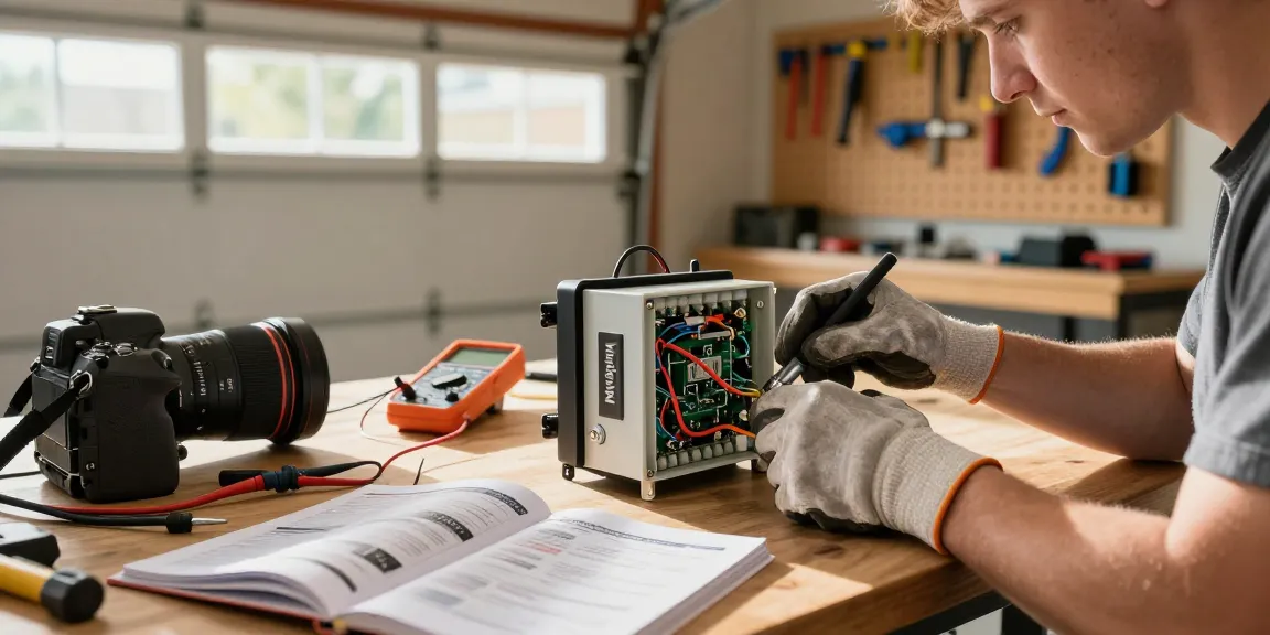 Mighty Mule circuit board problems being diagnosed by a technician in a garage.