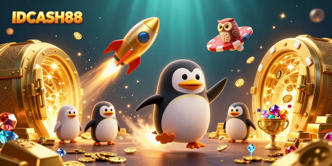Experience the excitement of IDCASH88 as the golden penguin zooms through a cosmic casino adventure.