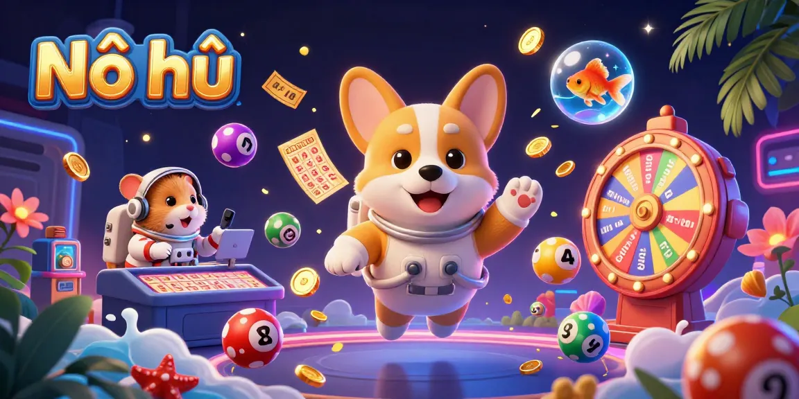 Nổ hũ slots action featuring cartoon characters in a vibrant space casino scene with colorful game elements