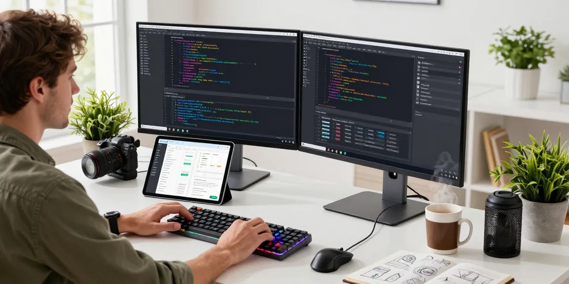 Developer coding at dual monitor workspace on teiegramin.com, showcasing a modern tech environment.