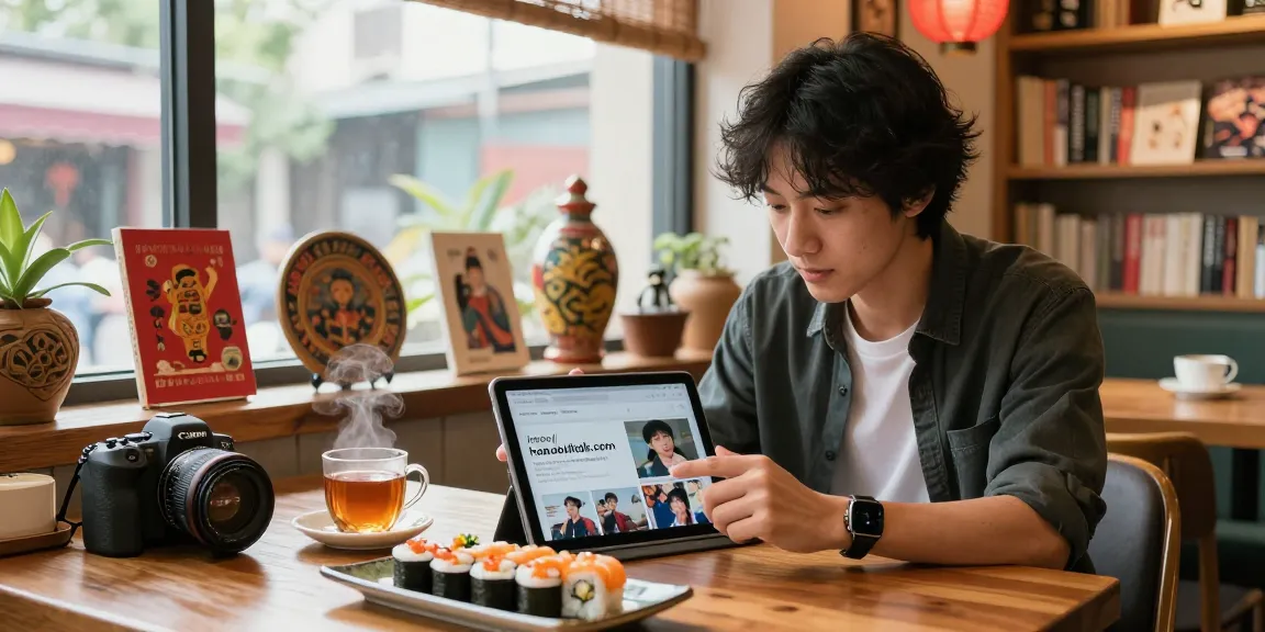Explore Asian culture on https://hanadultalk.com in a cozy café setting with a digital tablet and delicious sushi.