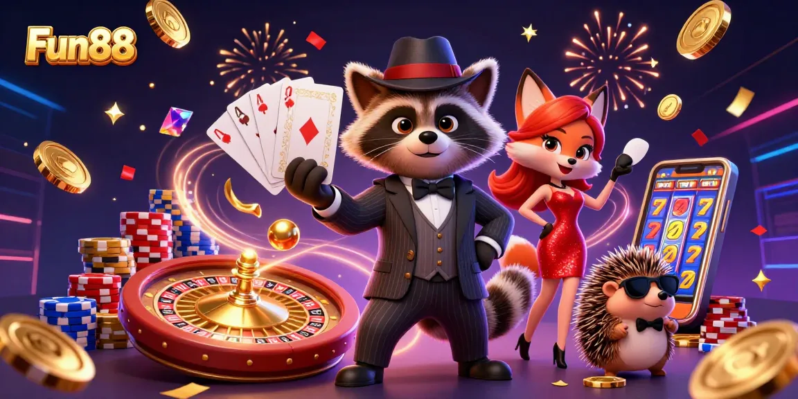 Join Fun88 for exciting casino adventures with a raccoon holding a royal flush amidst sparkling game elements.