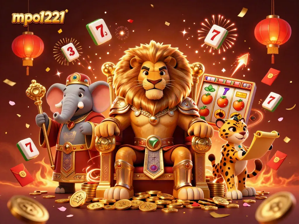 Mpo1221 showcases a vibrant casino scene with a lion king, elephant advisor, and cheetah messenger surrounded by slot reels and festive elements.