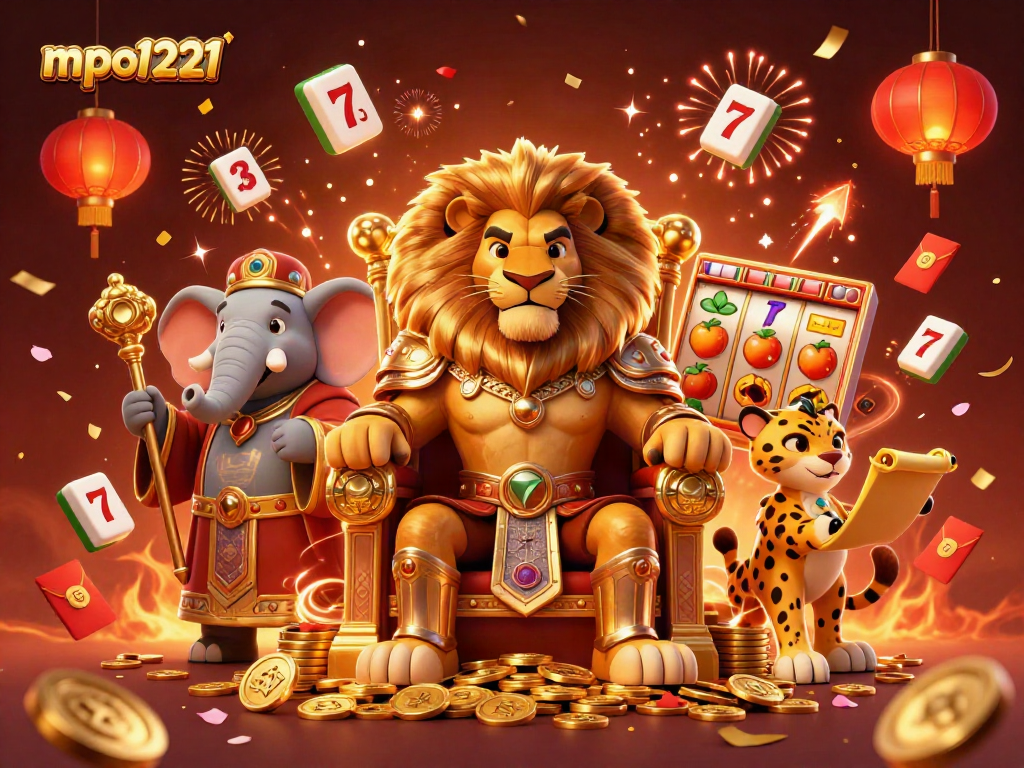 Mpo1221 showcases a vibrant casino scene with a lion king, elephant advisor, and cheetah messenger surrounded by slot reels and festive elements.
