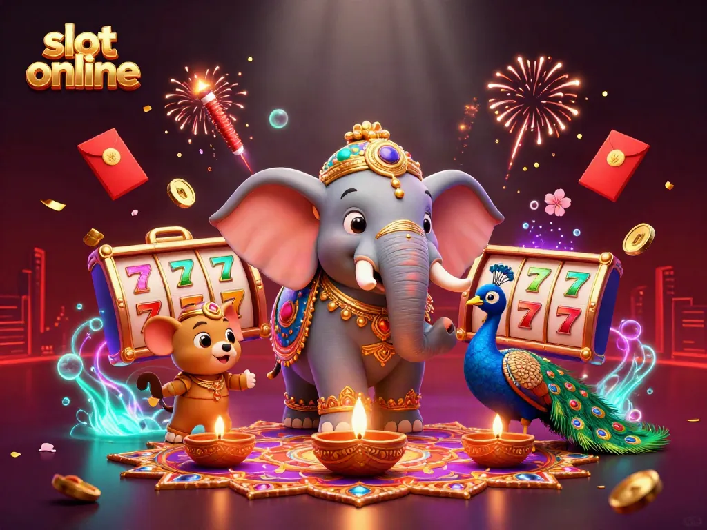 Permainan slot online dengan simbol keberuntungan yang meriah dan elemen kasino yang imersif.