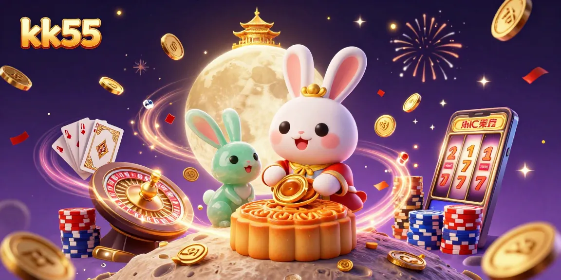 Experience exciting gameplay at KK55 with poker chips and golden mooncakes in a festive atmosphere.