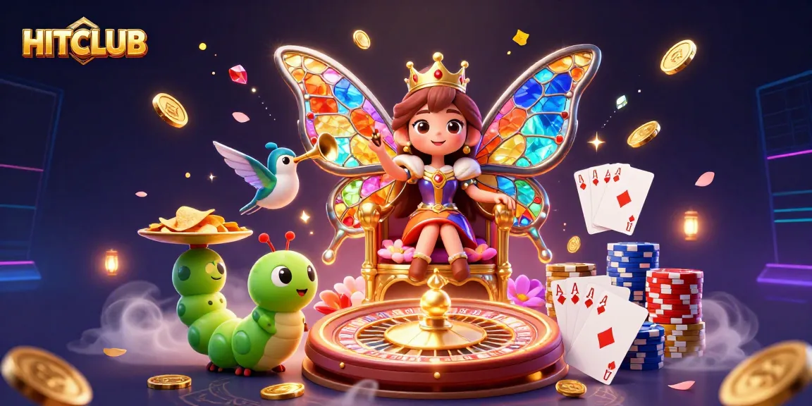 Experience HITCLUB's vibrant casino fantasy with a butterfly queen, golden chips, and dynamic game elements.