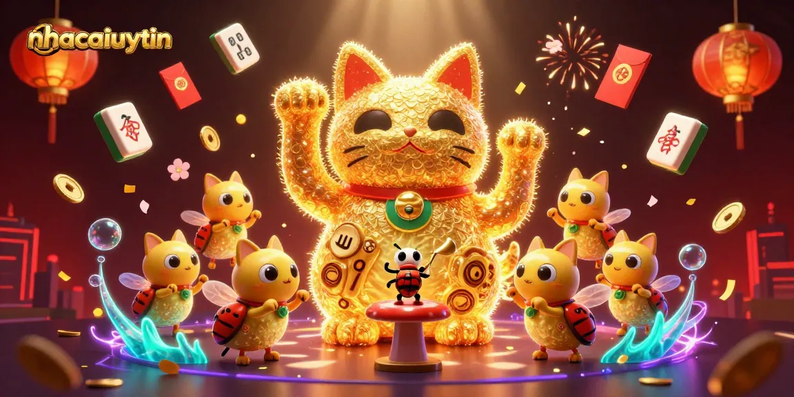 Engage with nhacaiuytin's vibrant 3D illustration featuring a golden lucky cat and glowing casino elements.