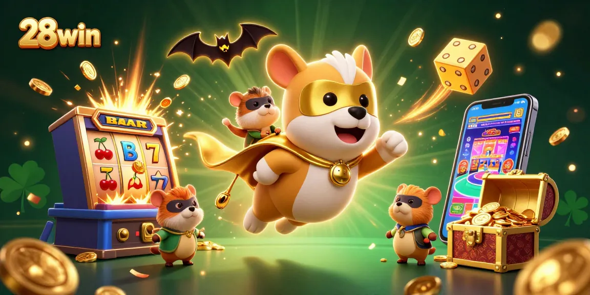 Engage in thrilling fun with 28win's exciting games, featuring a superhero dog in a captivating casino scene.