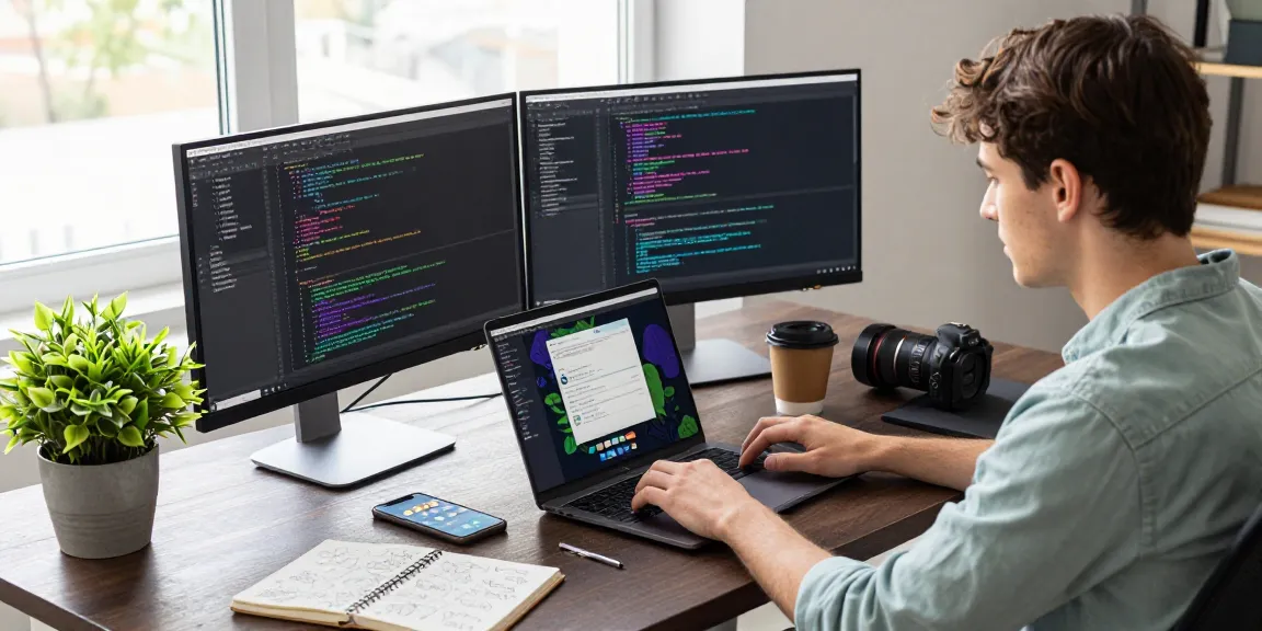 Learn Android Studio for beginners in a vibrant workspace with a developer coding on multiple screens.