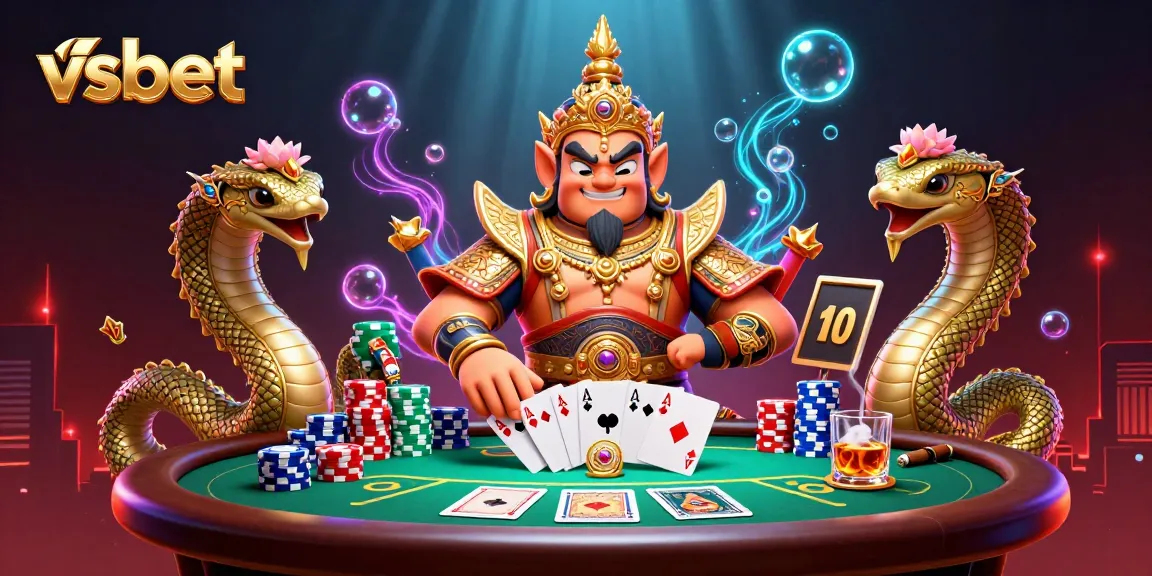 Engage with exciting poker action at vsbet's dynamic casino scene featuring vivid characters and elements.
