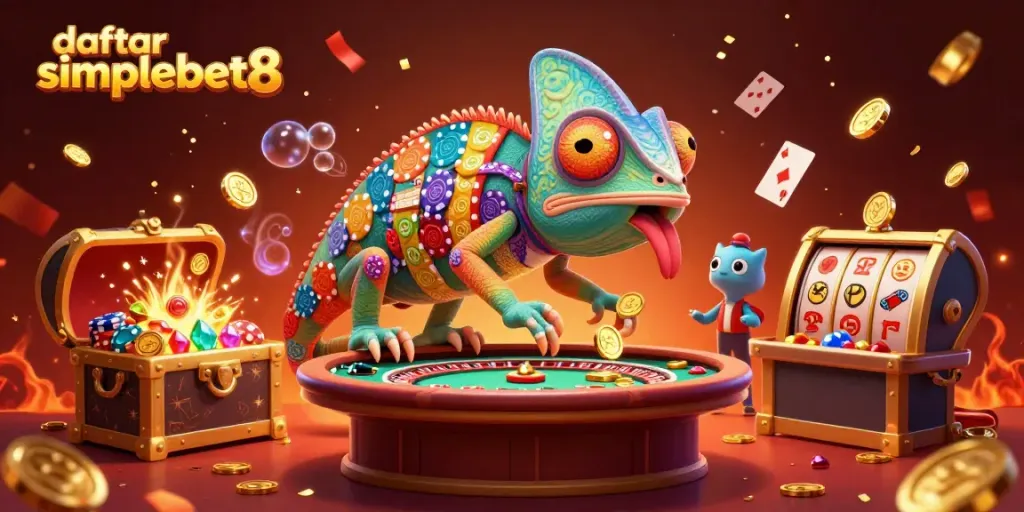 Experience the excitement of daftar simplebet8 with a dynamic 3D casino illustration showcasing vibrant gaming elements.