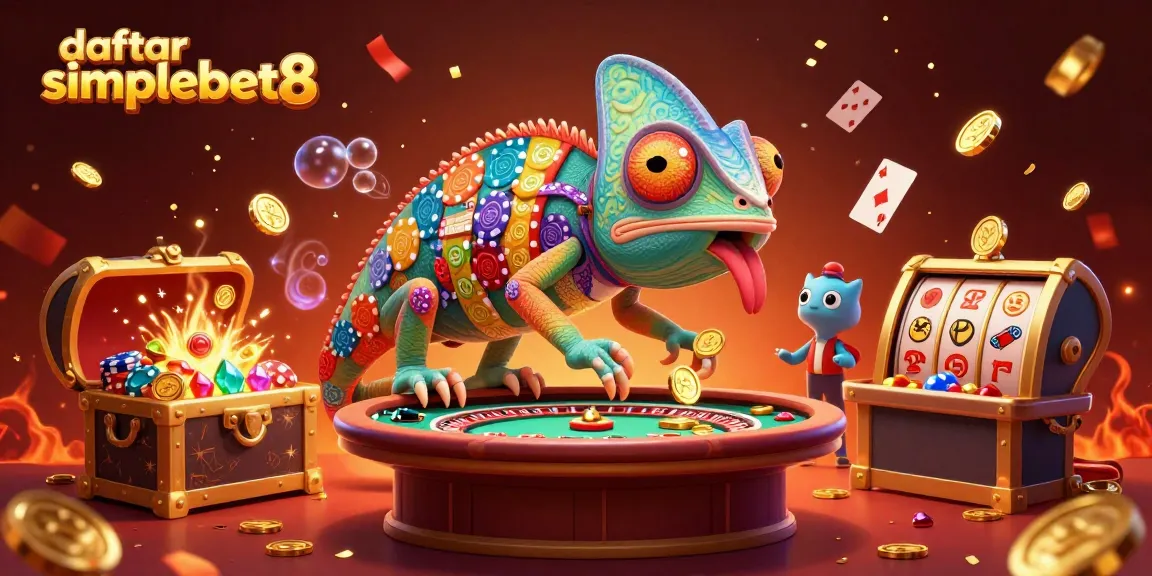 Experience the excitement of daftar simplebet8 with a dynamic 3D casino illustration showcasing vibrant gaming elements.