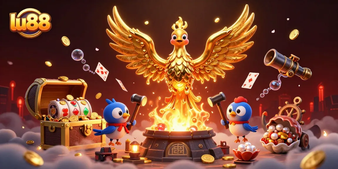 Experience epic wins at lu88 with a molten golden phoenix and vibrant gaming elements