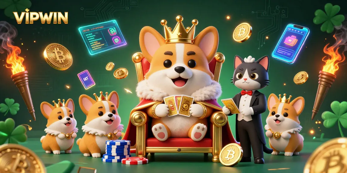 Engage in thrilling games with VIPWIN, featuring a royal corgi on a poker chip throne.